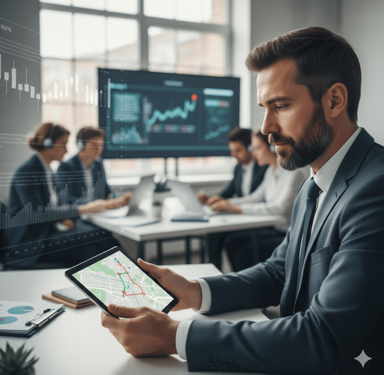 Um empresário analisa um mapa de logística digital em um tablet