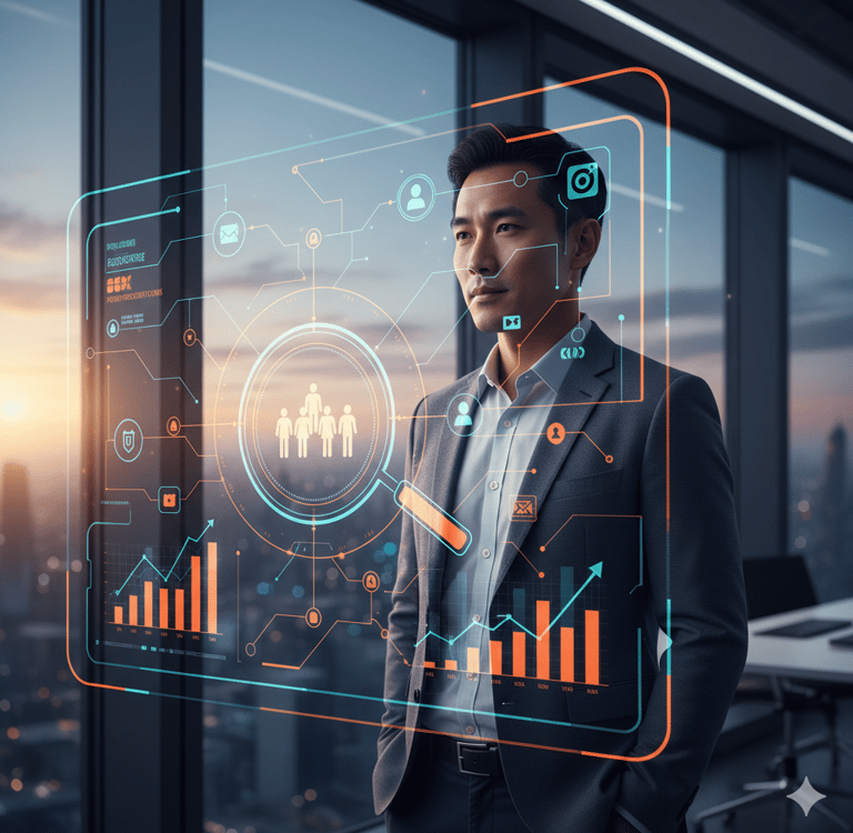 Empresário profissional vendo uma interface de recrutamento digital futurista com gráficos de dados