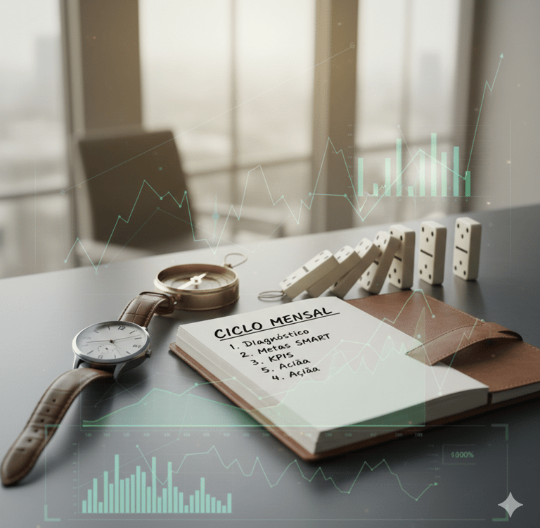 Planejador de negócios mostrando as etapas do ciclo mensal com sobreposições de dados, monitoramento