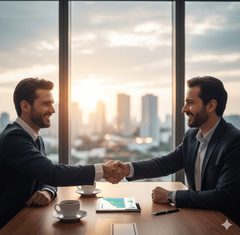 Dois homens apertando as mãos em uma sala de reuniões.