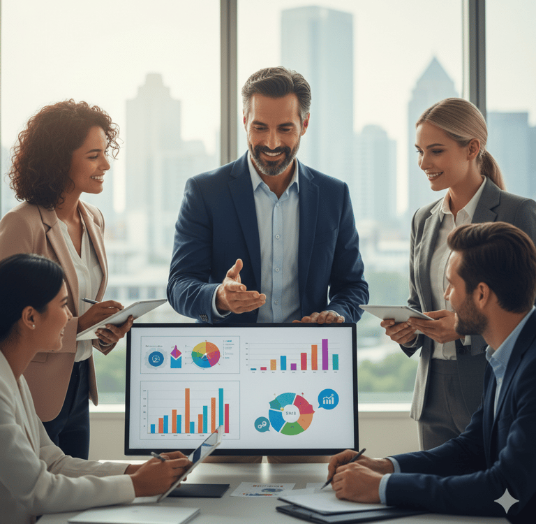 Equipe empresarial diversificada analisando gráficos de dados financeiros em uma tela durante uma re