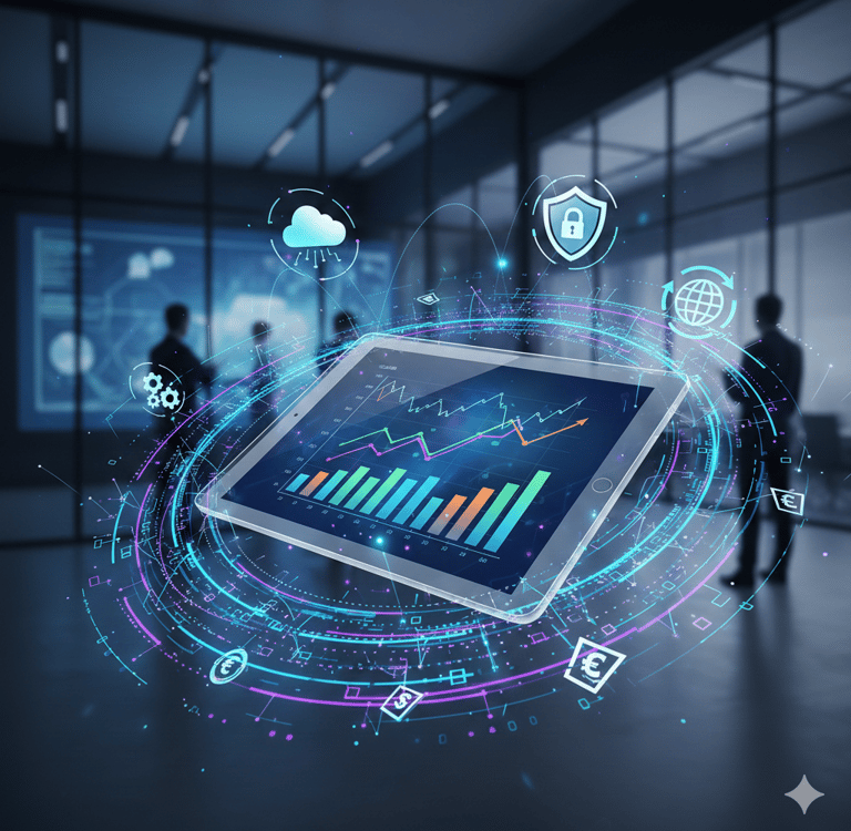 Um tablet apresentando gráficos financeiros em um ambiente moderno.