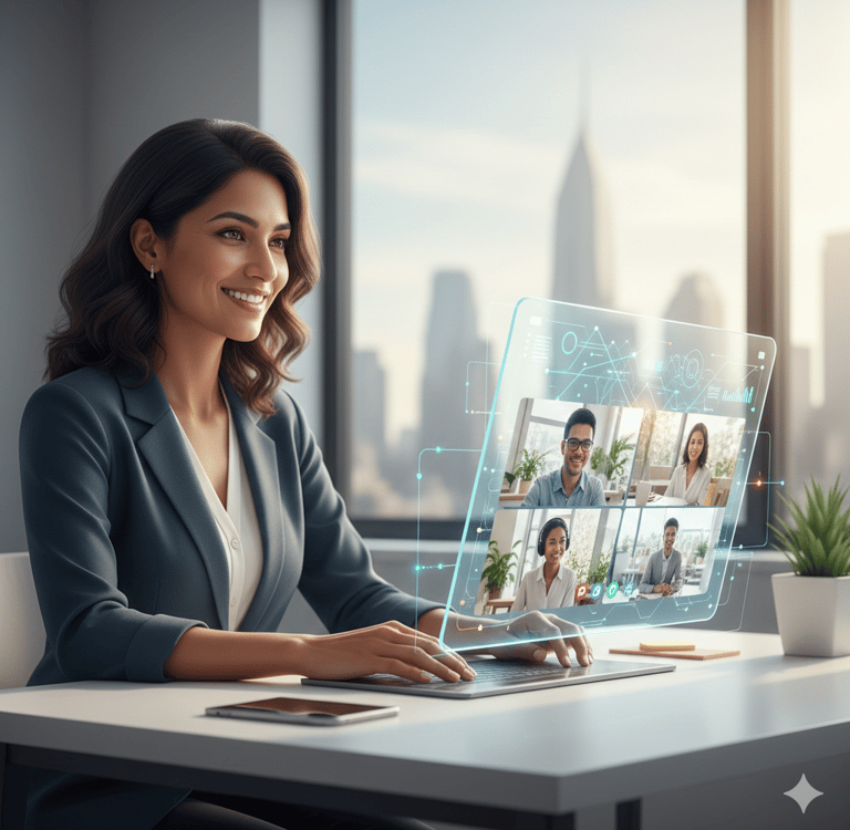 Uma mulher de negócios usa uma interface de reunião virtual holográfica para uma videoconferência