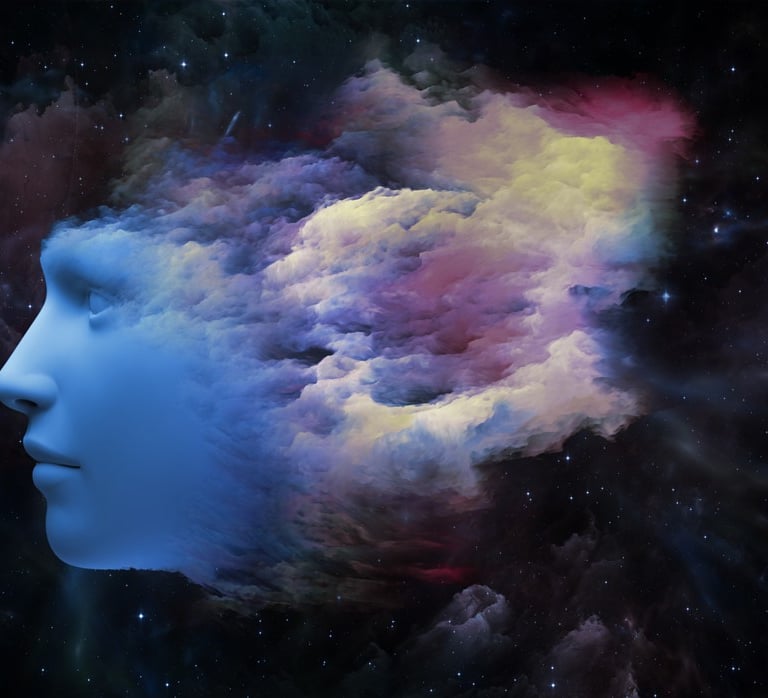 Surreal digital art of a blue human profile merging with colorful nebula clouds in outer space.