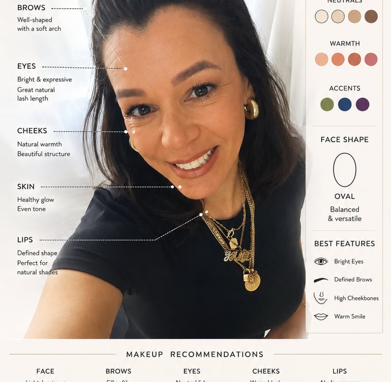 Elegant beauty over 40 infographic featuring face shape analysis, oily skincare routine tips, flatte