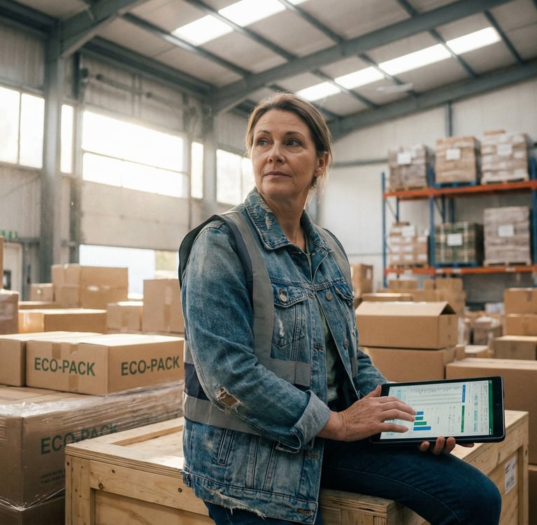 Female warehouse manager using a digital tablet for inventory management of eco-friendly stock boxes.