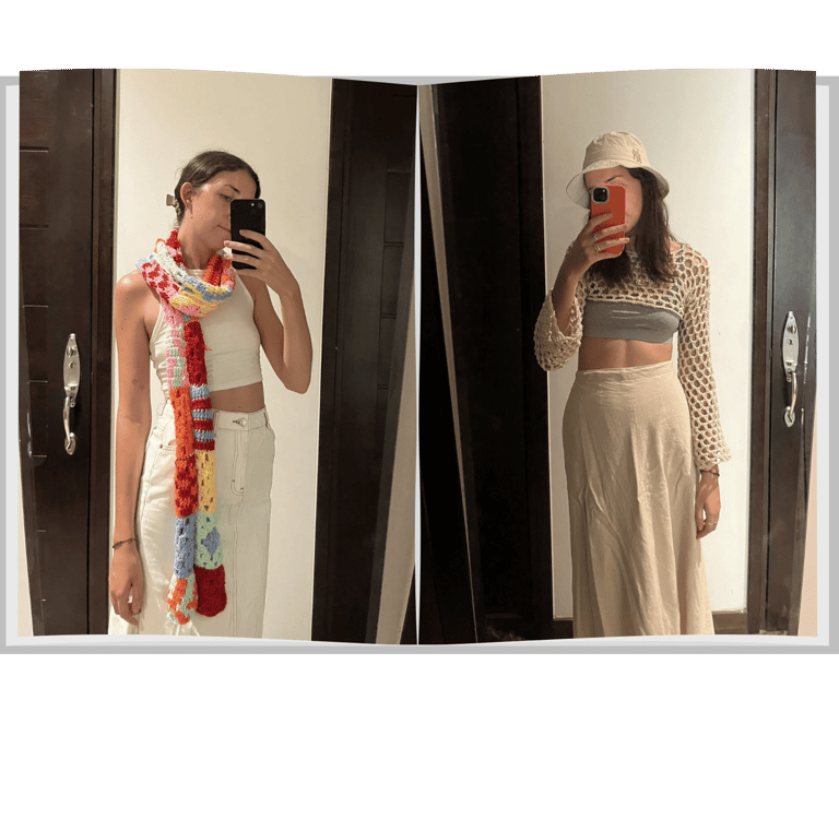 Woman, standing in the mirror, fashioning her self-made croquet scarf and long sleeved crop top