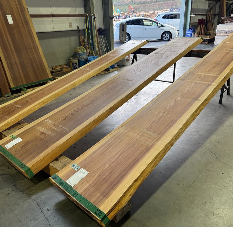 Three long, natural edge raw wood slabs displayed in a lumber mill for custom furniture making.