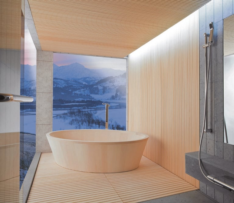 A modern, minimalist bathroom features a sleek wooden soaking tub, natural wood walls and a large window
