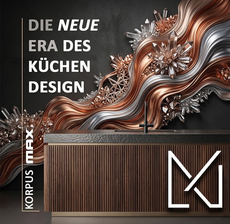 Luxury modern kitchen design by Korpus Max featuring a wooden island and artistic metallic crystal backdrop.