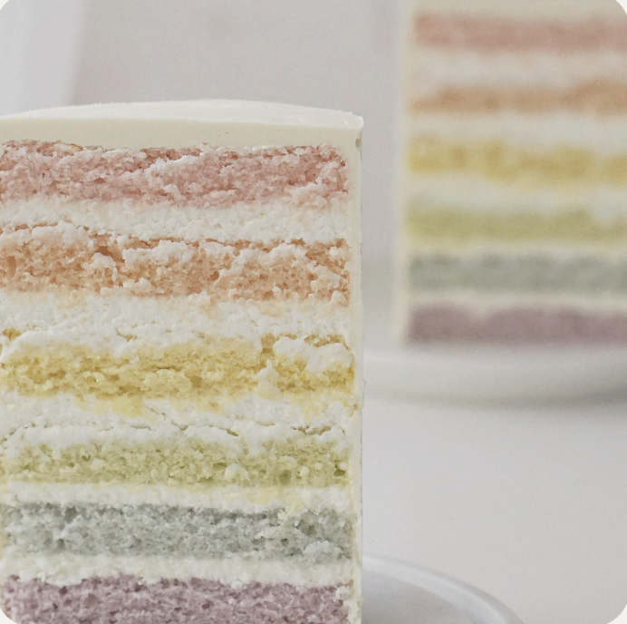 a slice of cake with a rainbow - colored layers