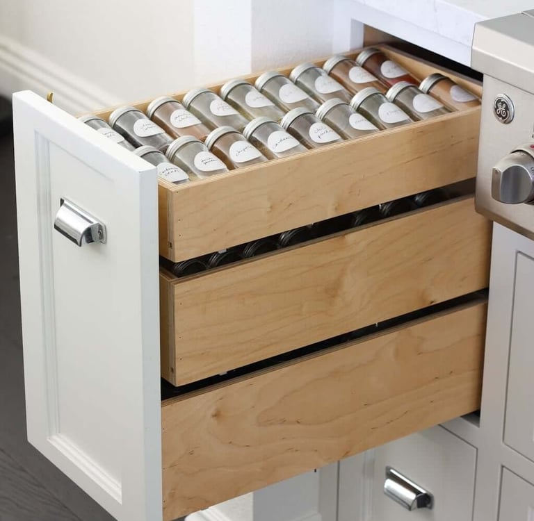 best vertical spice rack for small kitchen and apartment showing pull-out drawer organization