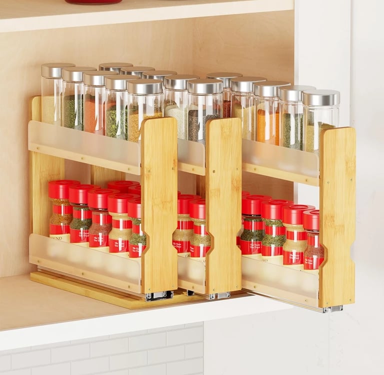 vertical spice rack pull-out drawer in small kitchen cabinet