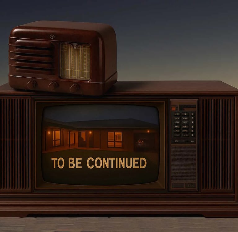 old fashioned radio and tv with sunset ocean backdrop