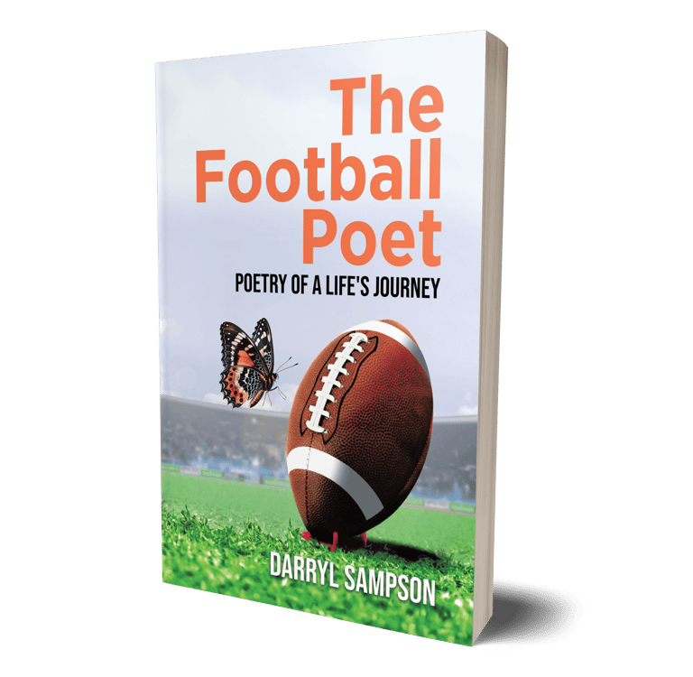 The Football Poet paperback book cover by Darryl Sampson featuring a football and butterfly on a field.