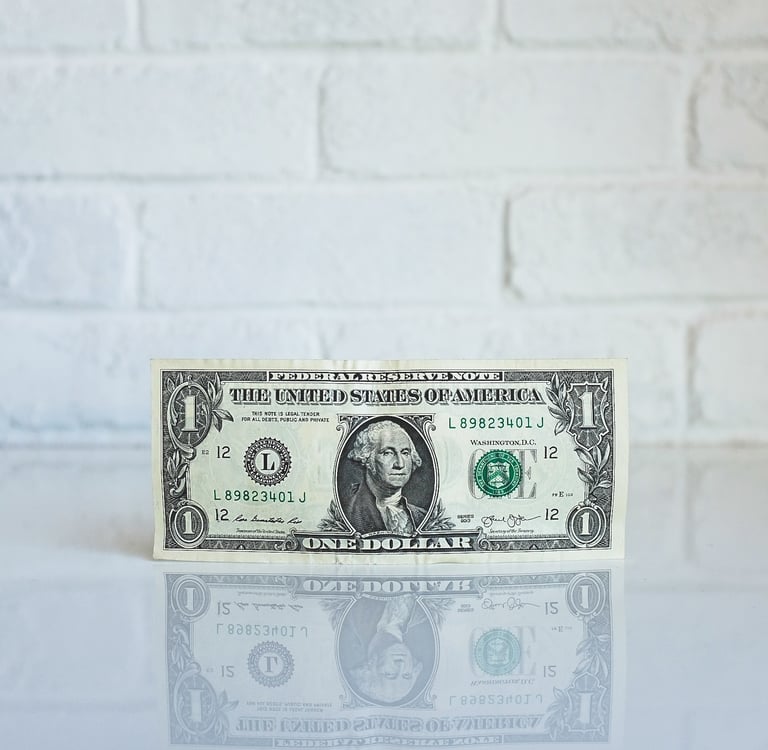 A dollar bill standing upright in front of a white brick wall