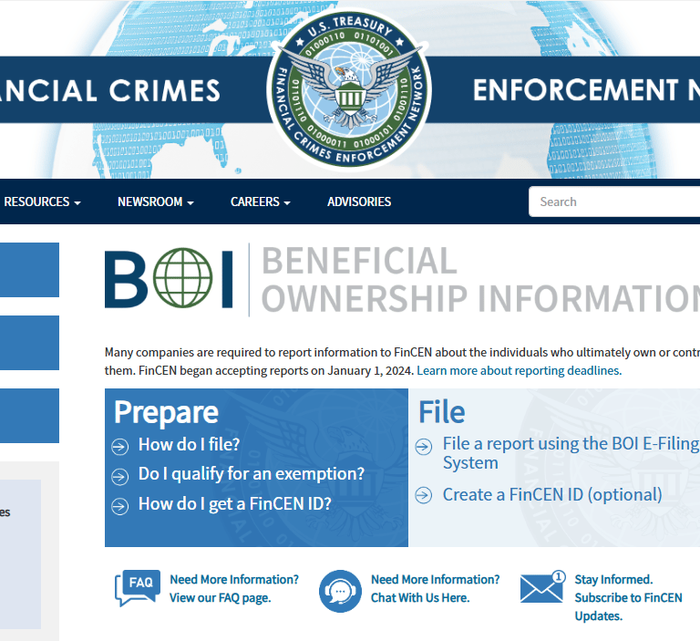 screenshot of financial crimes enforcement network beneficial ownership information webpage