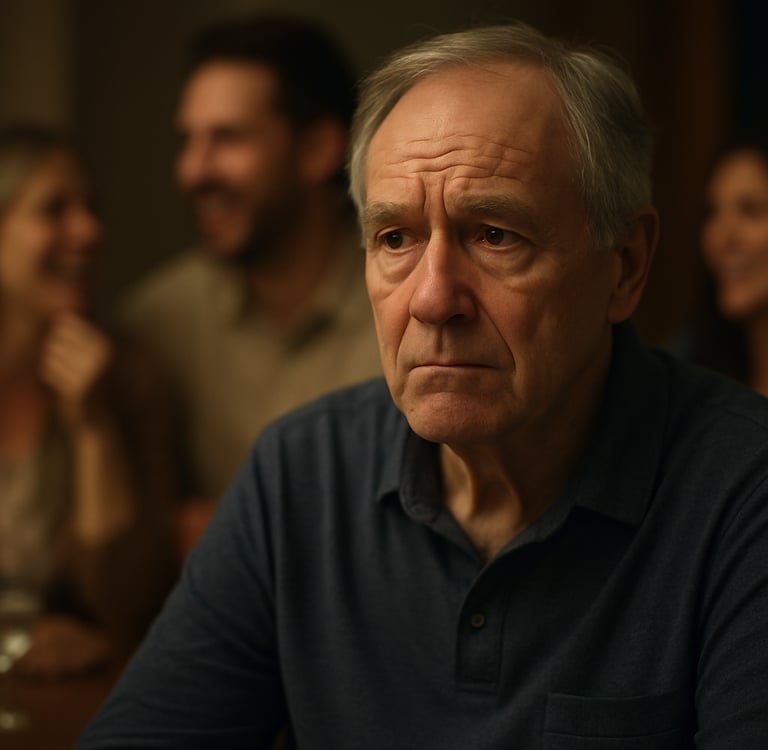 Homem de camisa azul sentado à mesa