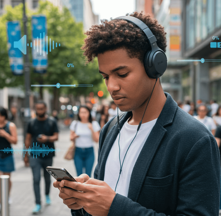 Pessoa usando fones de ouvido com volume seguro demonstrando práticas de proteção auditiva saudável