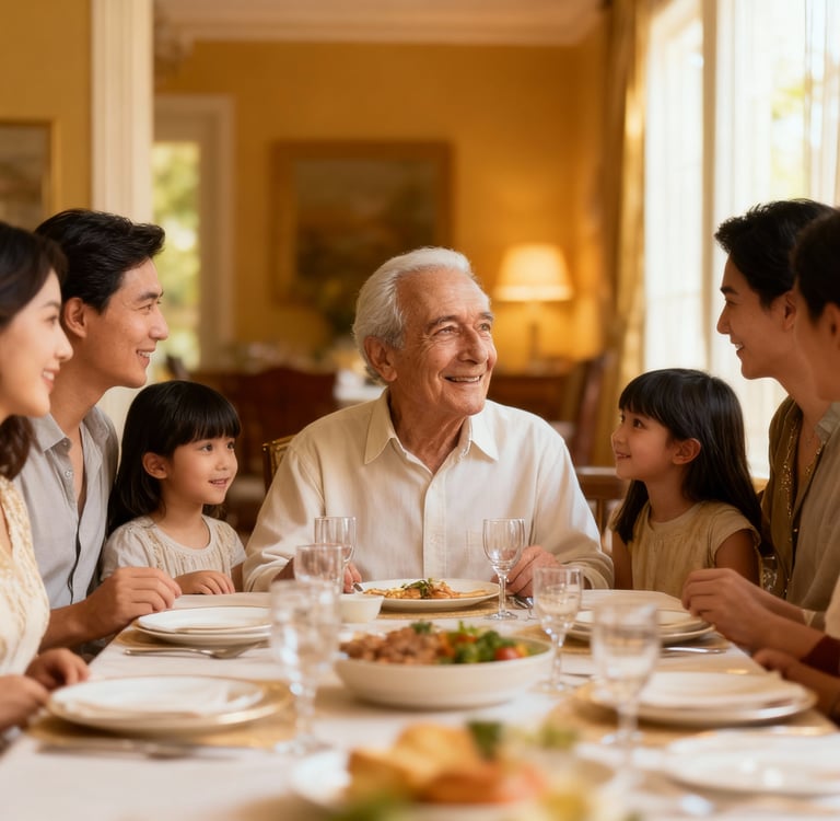 Família reunida à mesa compartilhando uma refeição