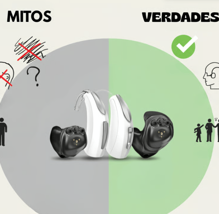 Mitos e verdades sobre aparelhos auditivos modernos ilustrados com ícones e dispositivos