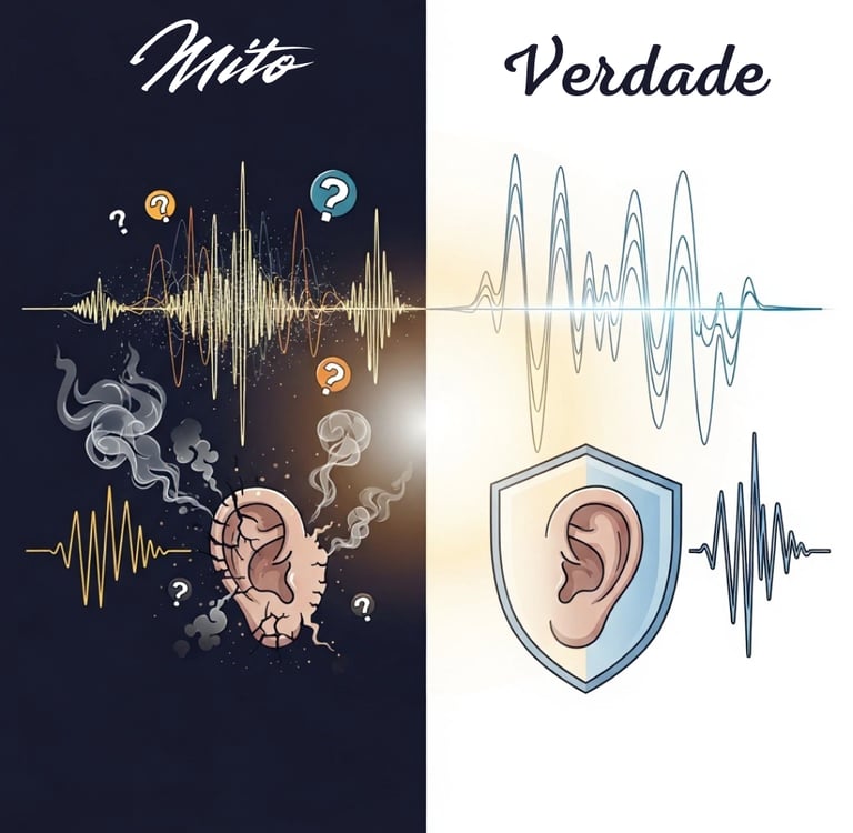 Mitos vs verdades sobre saúde auditiva: comparação visual entre danos e proteção da audição