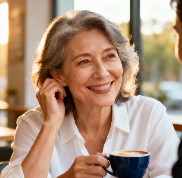 Mulher madura em café, vivendo com plenitude e confiança na saúde auditiva na All Sounds