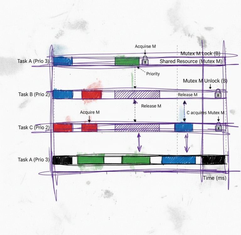 Task time diagram of RTOS priority inheritence and priority inversion problem.