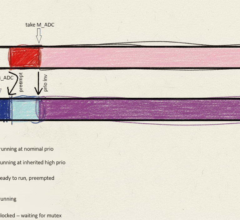 Task time diagram of RTOS priority inheritence and priority inversion problem.