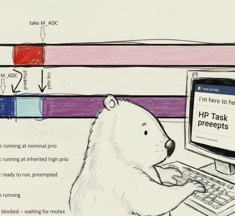 Task time diagram of RTOS priority inversion problem. wEMBat, PnC's tech pet asks AI for suggestions