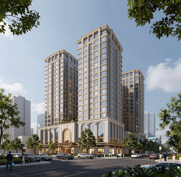 architectural render of an upscale hotel building in the city