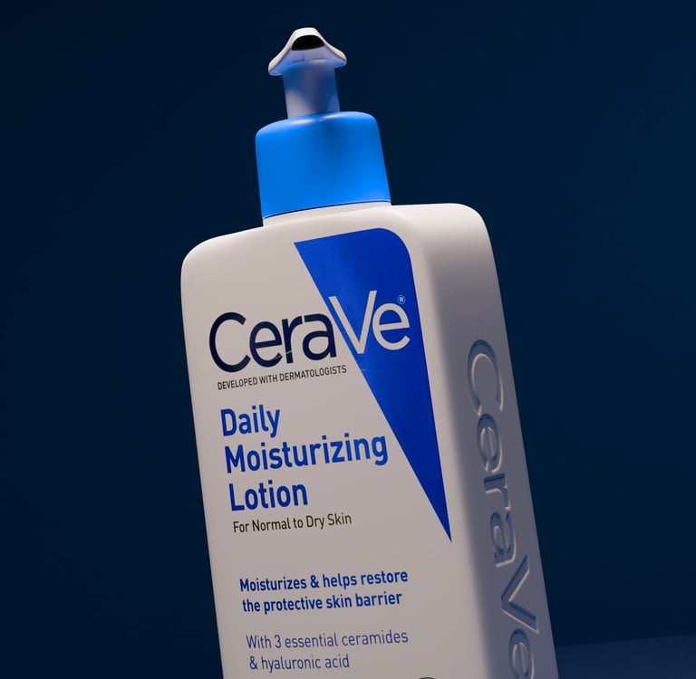 A frontal angle view of the 3D bottle of CeraVe lotion that can be used in advertisement