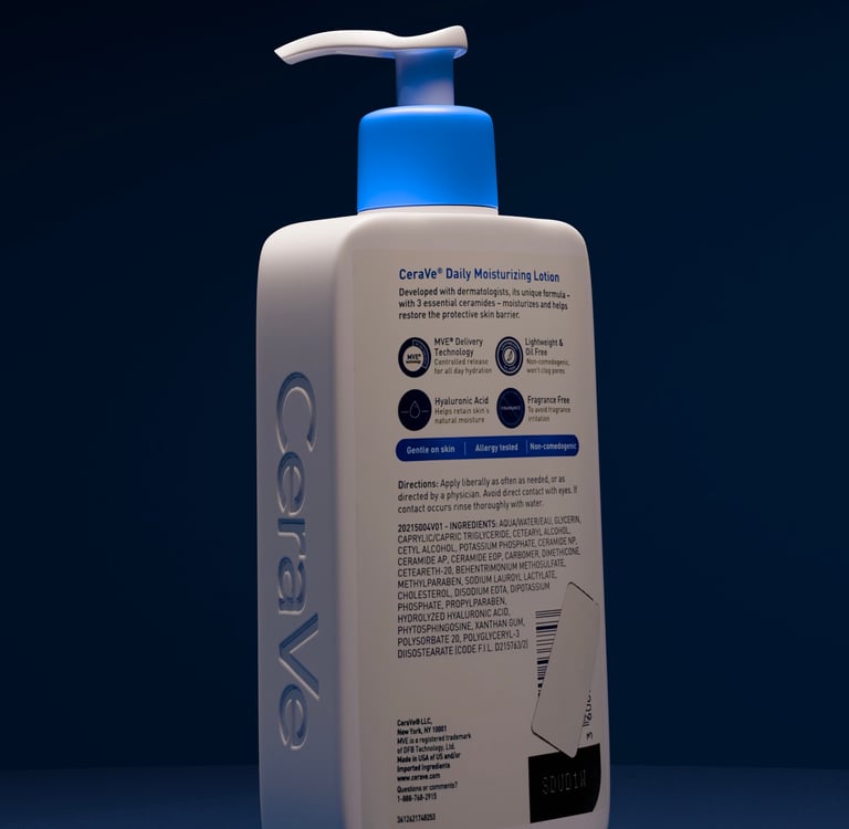 A rear corner view of our 3D model of CeraVe lotion that shows the detail of the texturing work