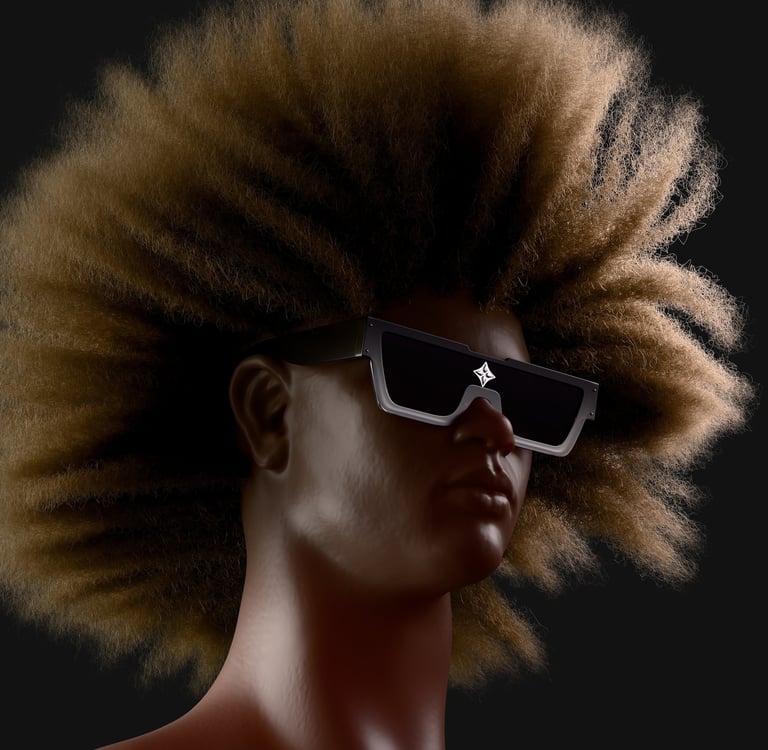 A 3D rendering of an African-American model with sunglasses and frizzy afro