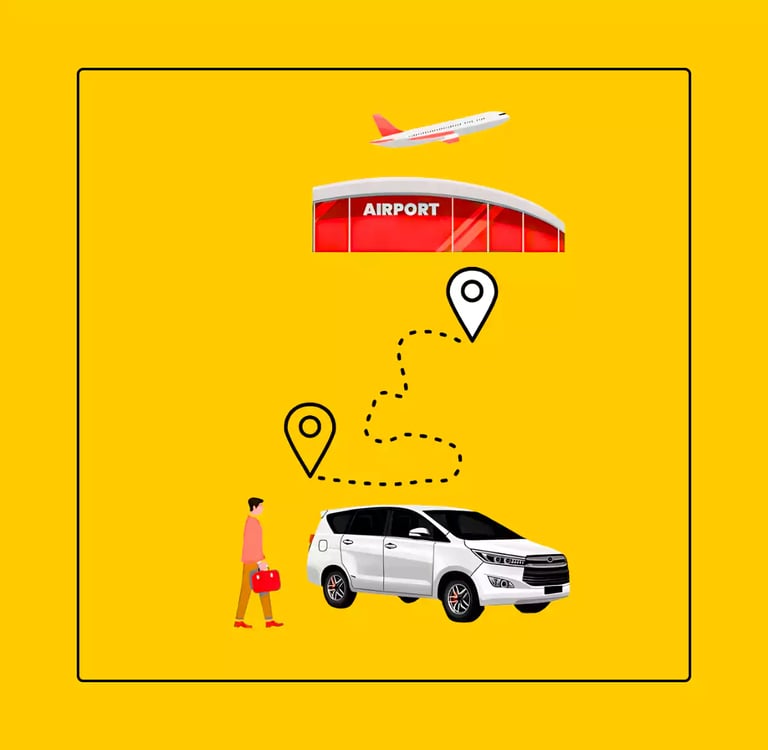 One way taxi service for airport transfers featuring a white SUV, travel route map, and an airplane on a yellow background.