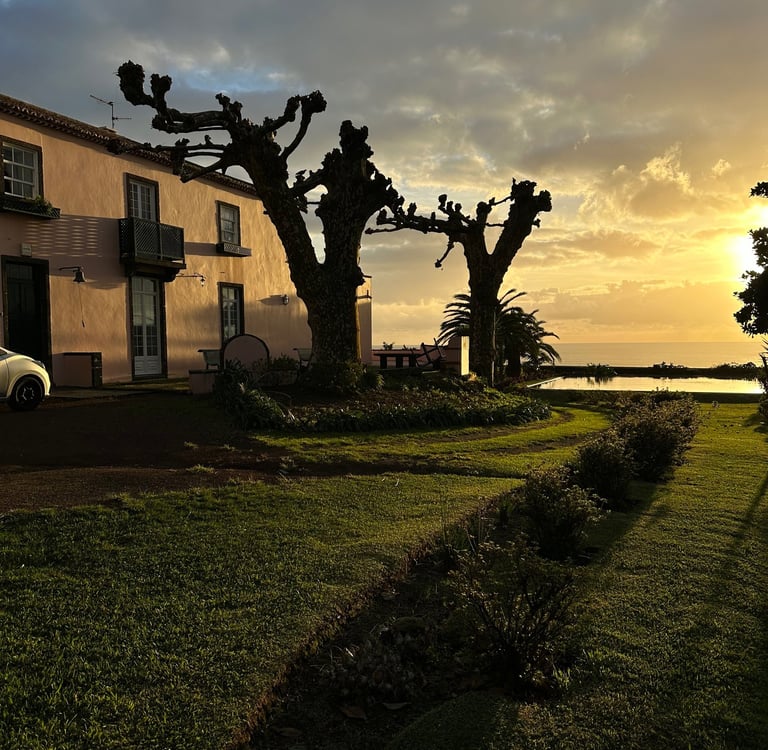 sunset in front of a Portugese manor house