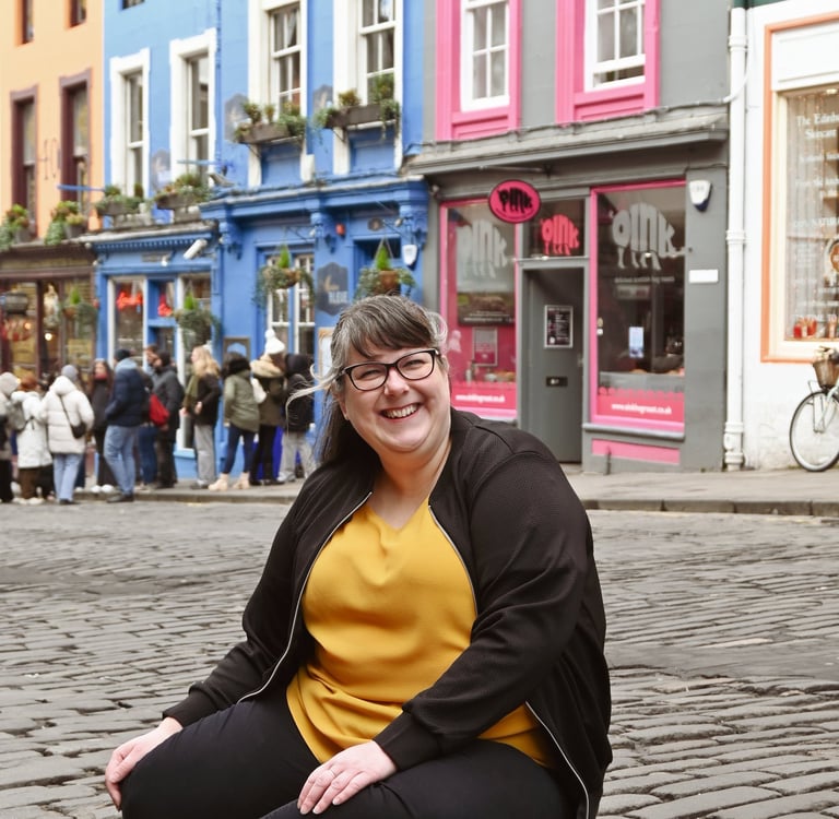 Laura is laughing at the camera sat on a cobbled street with her legs curled up under her