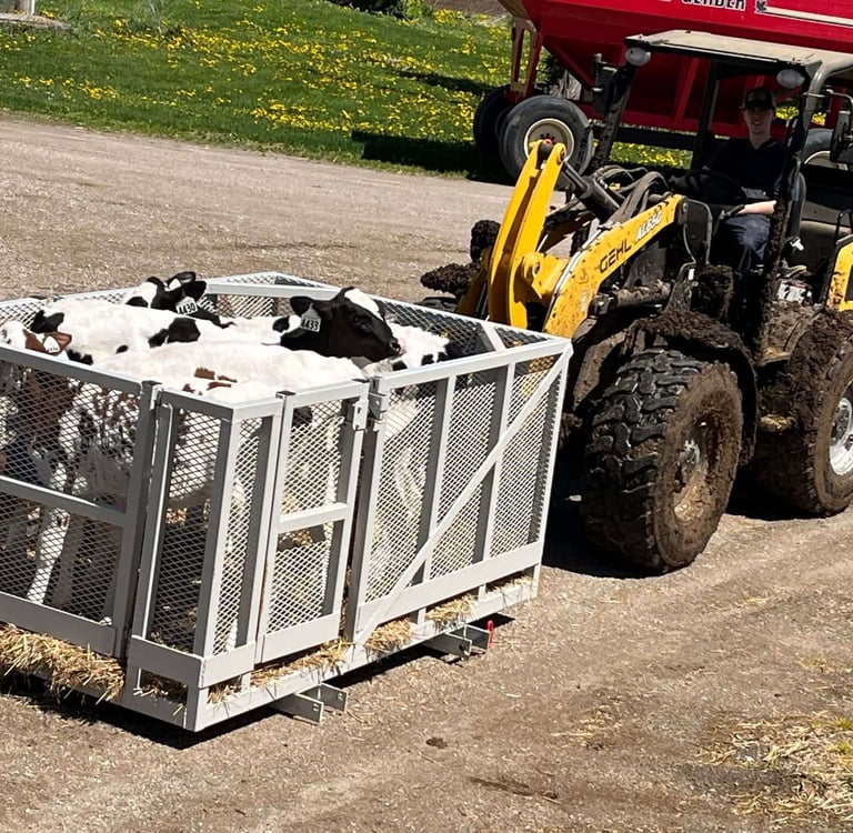 custom man basket work platform being used on a farm to transport calves