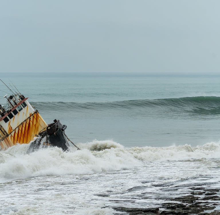 shipwreck with wave about to roll on the back