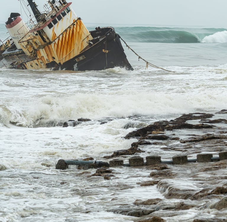 Shipwreck with perfect wave rolling on the back