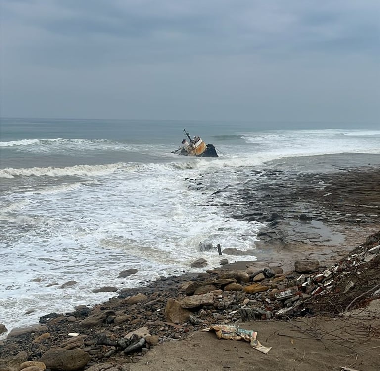 View of the shipwreck and waves