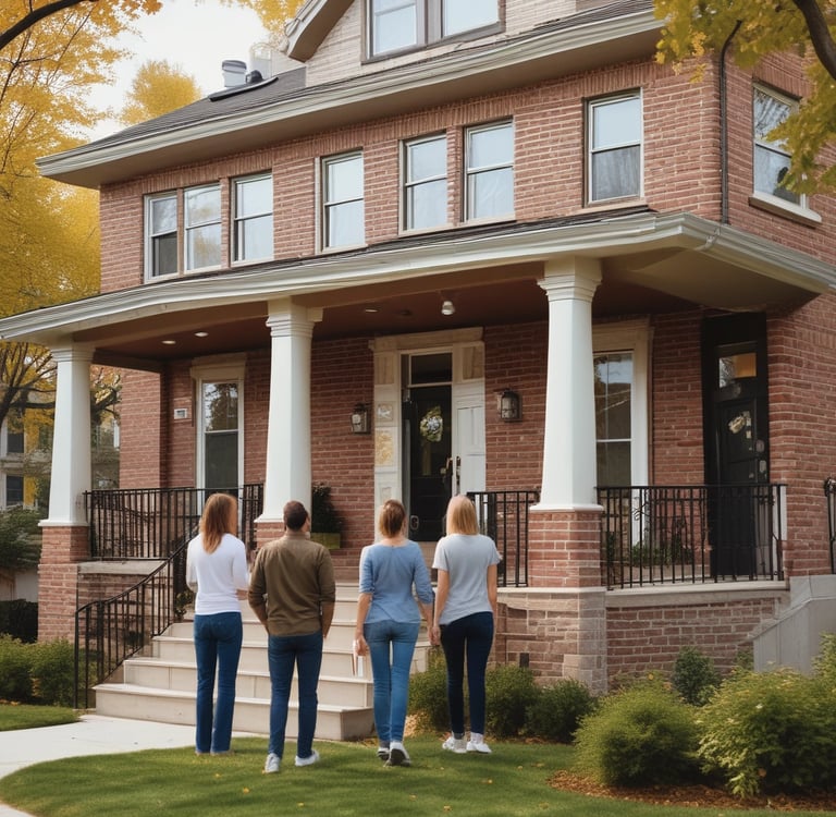 a group of people standing in front of a house