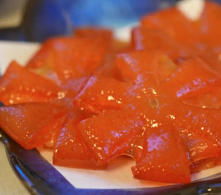 candied kumquats pressed into flower shapes
