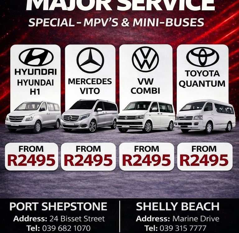 Major service specials for Hyundai H1, Mercedes Vito, VW Combi, and Toyota Quantum MPVs at Thompson Motors.