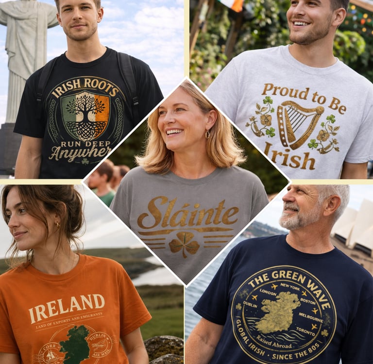 Collage of people wearing Irish heritage t-shirts featuring Sláinte, Celtic harps, and Ireland maps.