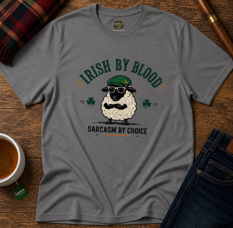 Grey Irish By Blood sarcasm t-shirt featuring a funny sheep wearing a green hat and sunglasses.