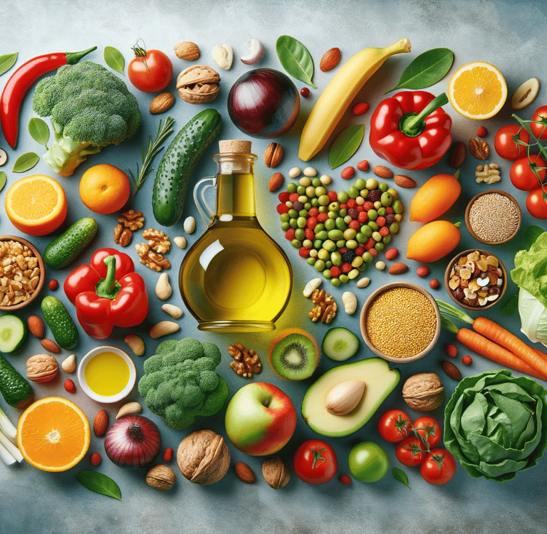 a circle of fruits and vegetables with a bottle of olive oil