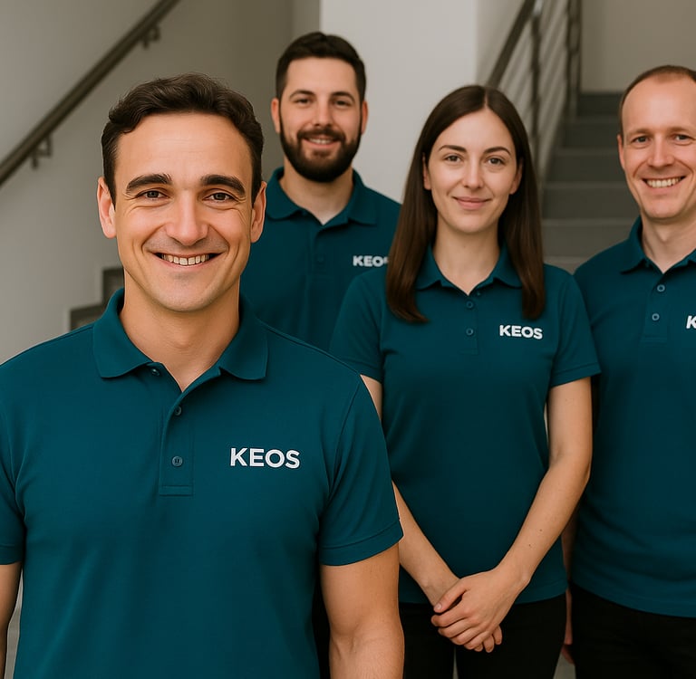 a group of people standing in front of a staircase