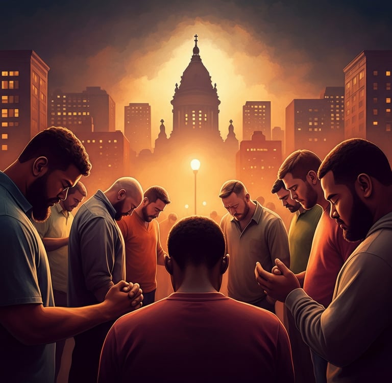 a group of men standing around a man in a city