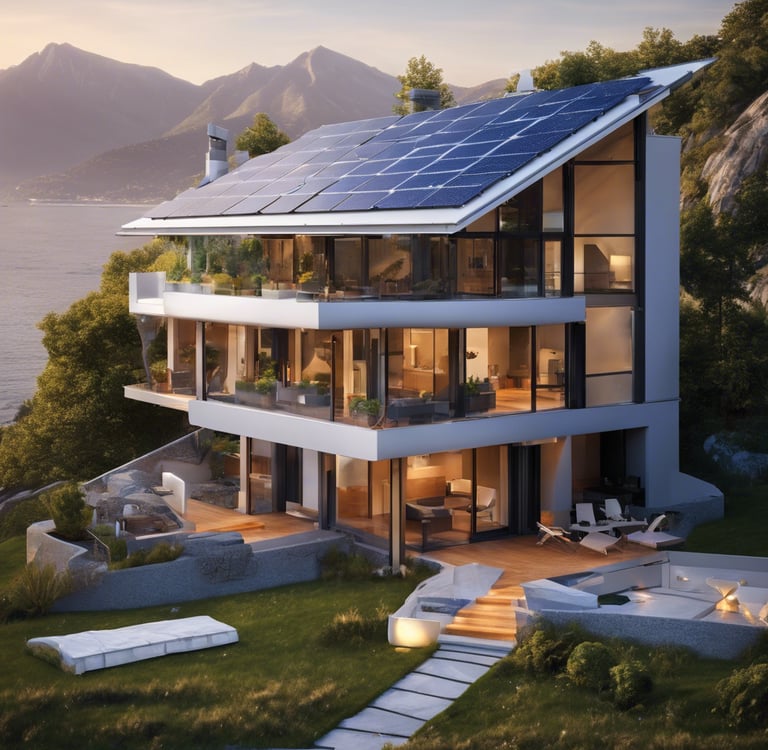 Dům se střechou ze solárních panelů využívající solární energii pro svůj domov.